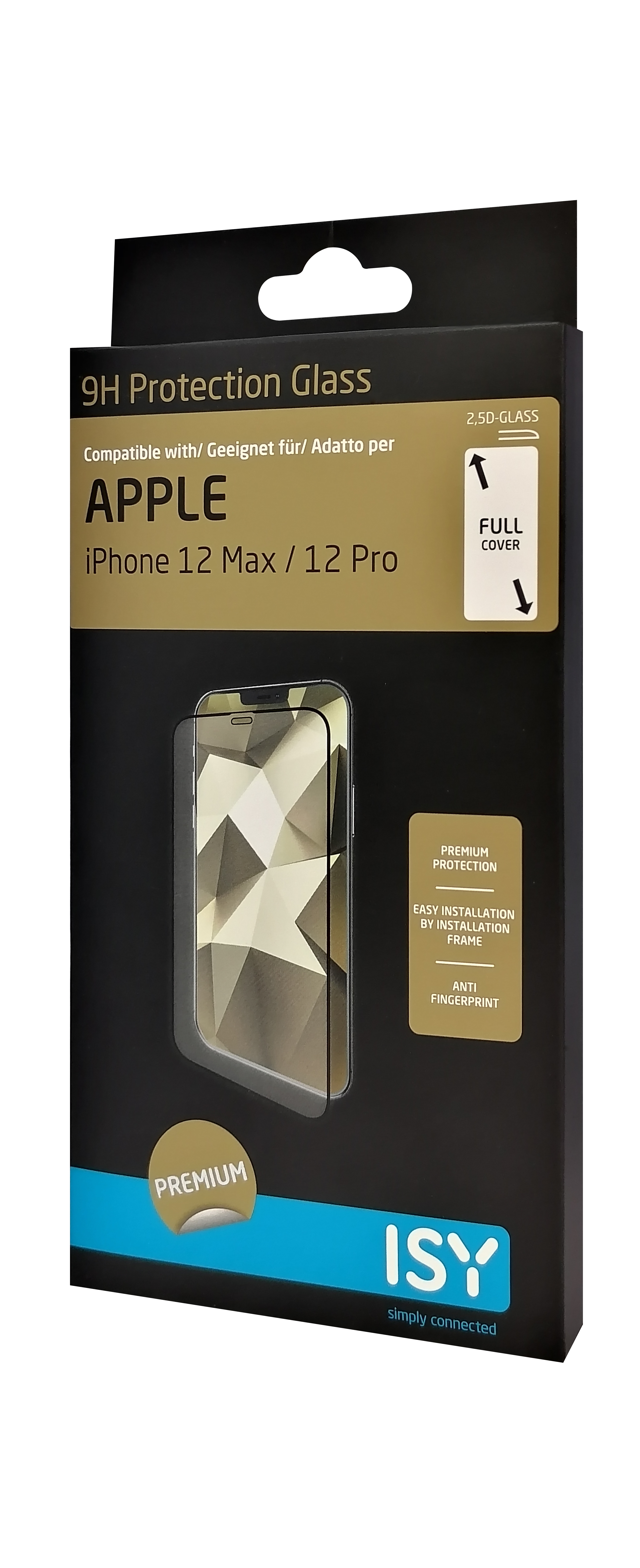 iPhone 12 Max/12 Pro Displayschutzfolienbox. Schwarzer Hintergrund, Telefonbild und Text.