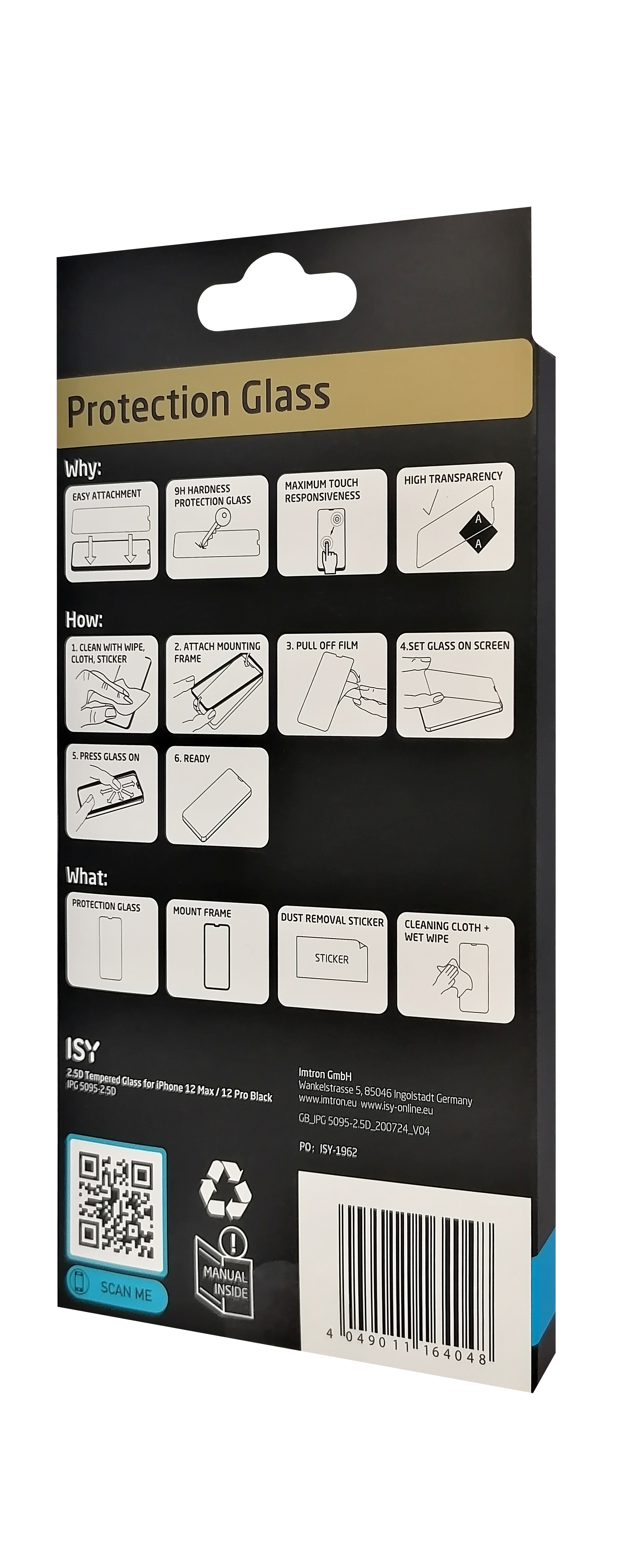 Eine schwarze Schutzglasverpackung für ein Smartphone mit Anweisungen und Produktdetails.