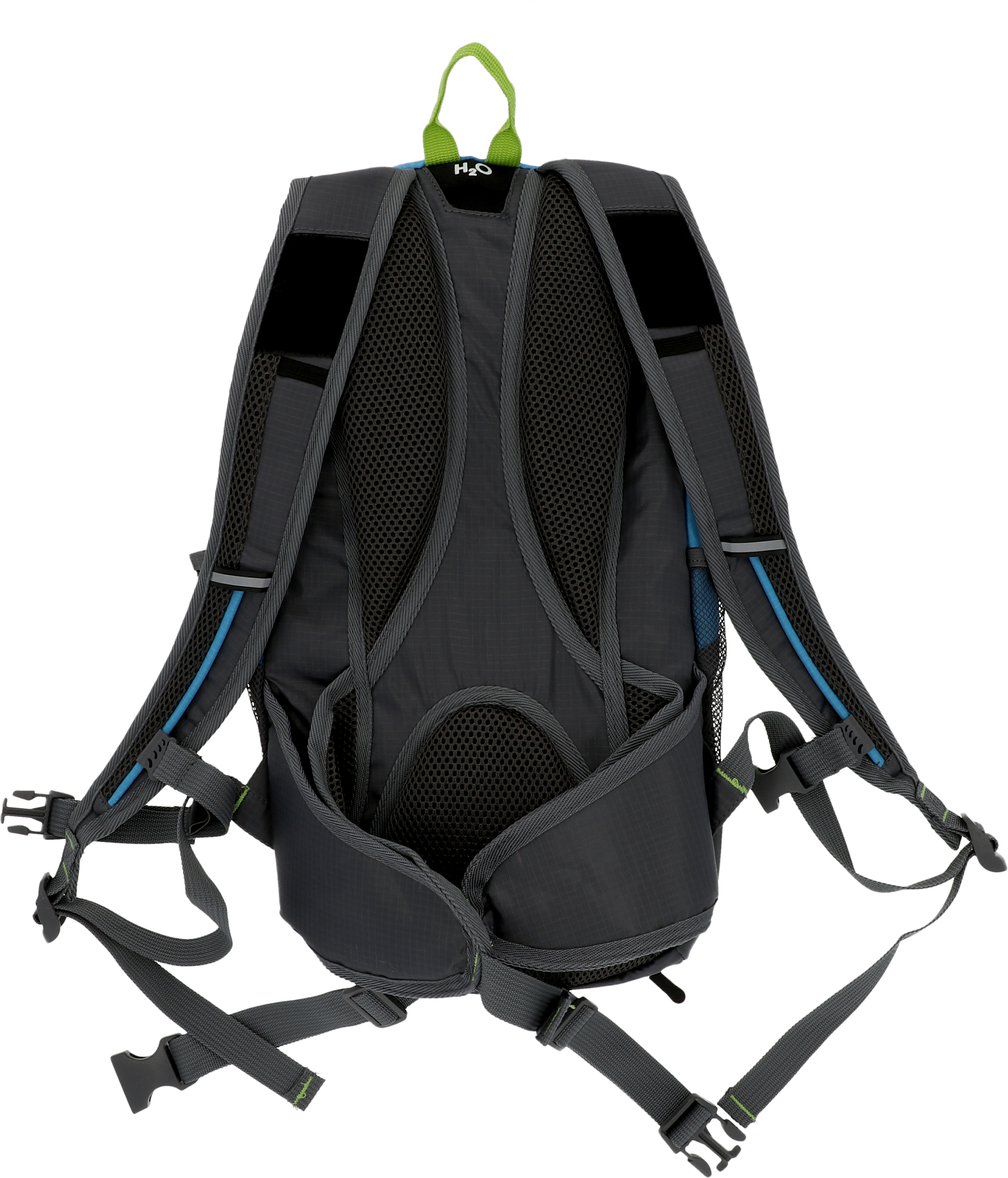 Rückansicht eines grauen und blauen Rucksacks mit mehreren Riemen und einem Wasserreservoir.