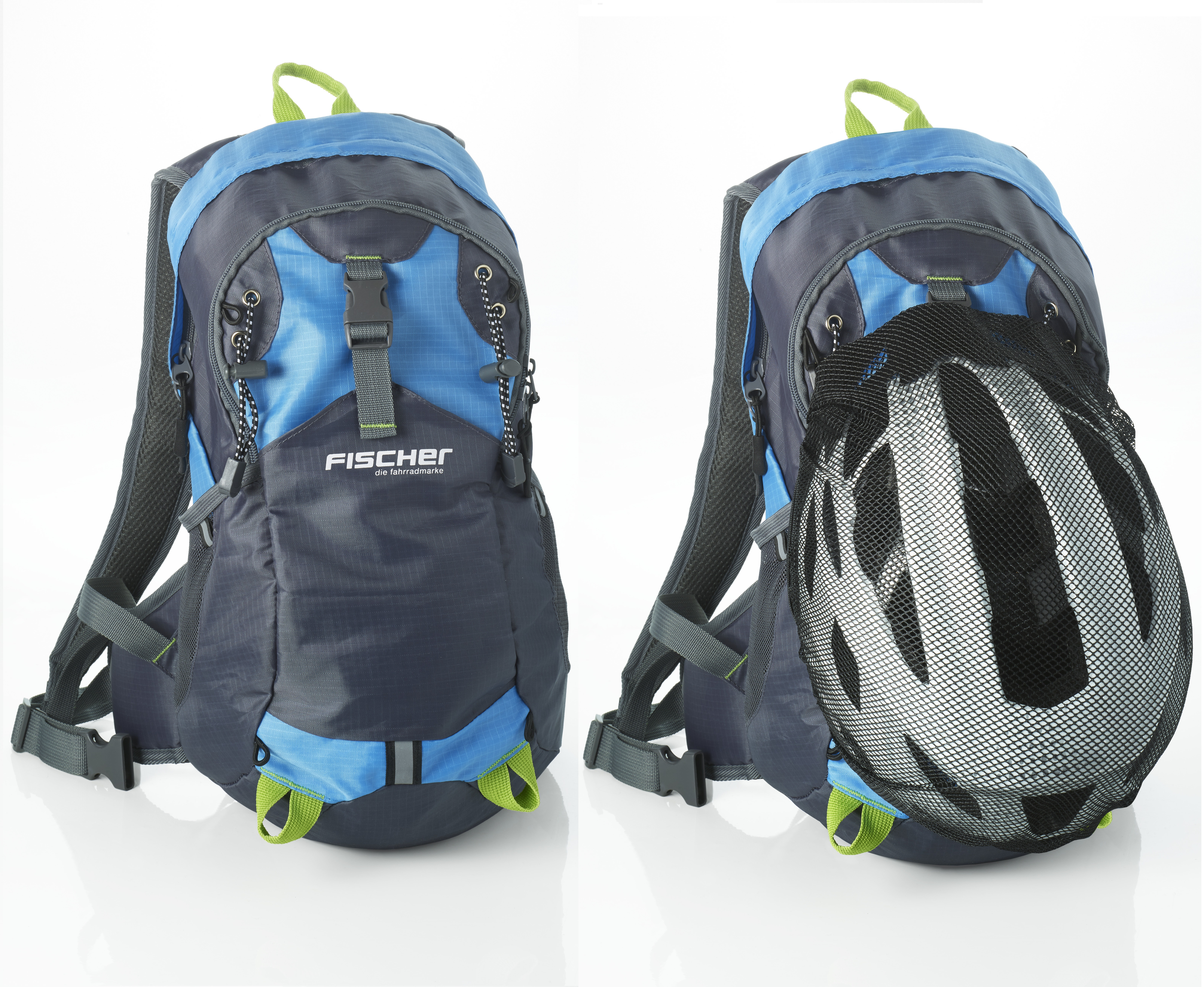 Rucksack mit blauem Oberteil und grauem Körper, mit Helm.
