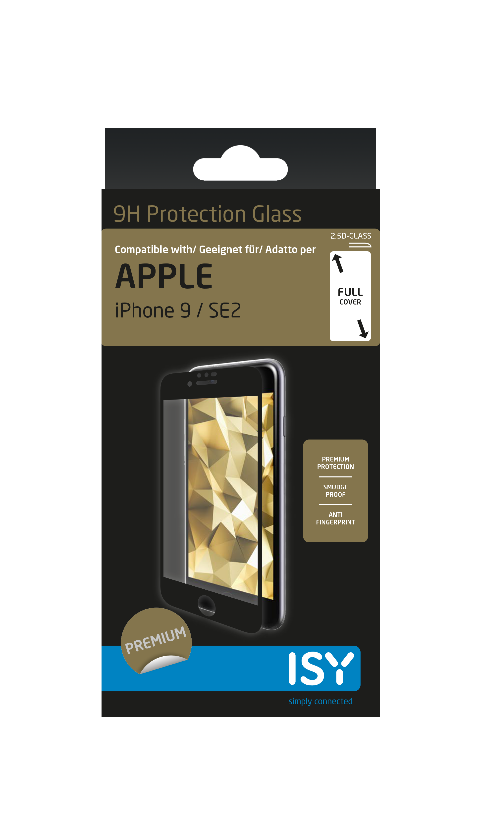 iPhone-Displayschutzfolien-Box. Schwarzer Hintergrund, Telefonbild und Text einschließlich '9H Protection Glass'.