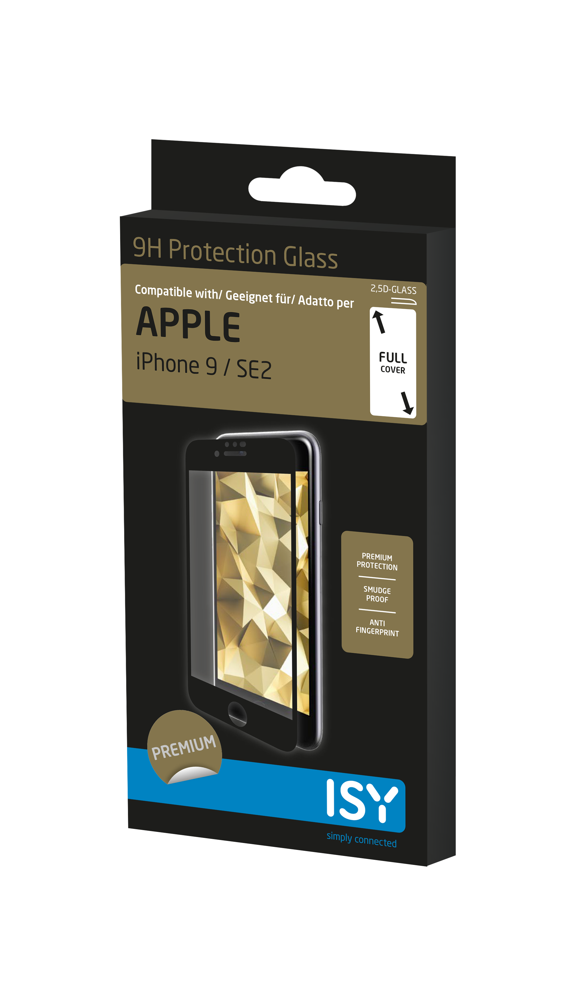 Schachtel für iPhone 9/SE2 Displayschutz, schwarz mit weißem Text.