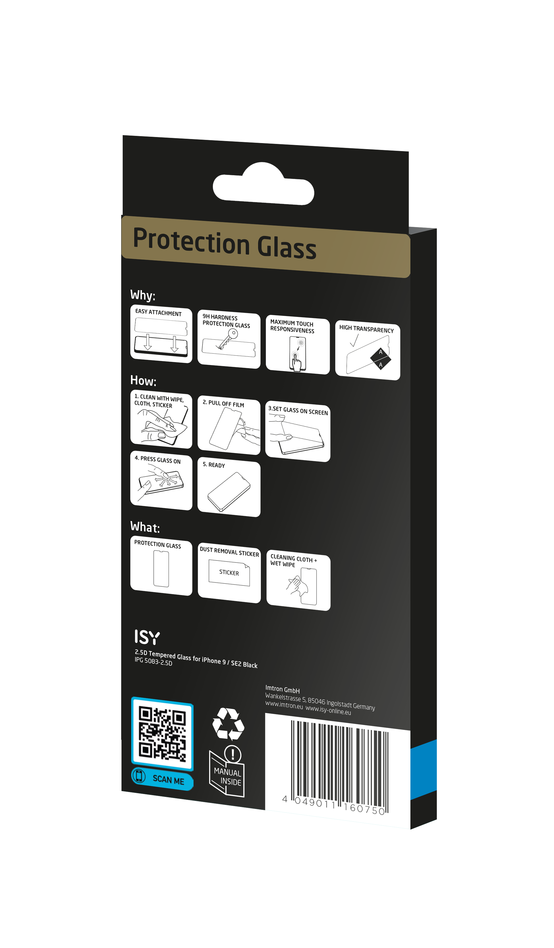 Schwarze und goldene Schutzglasverpackung mit Anweisungen.