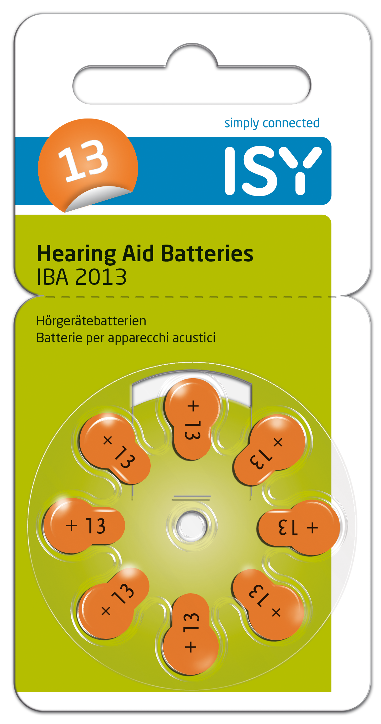 Packung mit ISY-Hörgerätebatterien. Batterien sind orange mit Plus und 13.