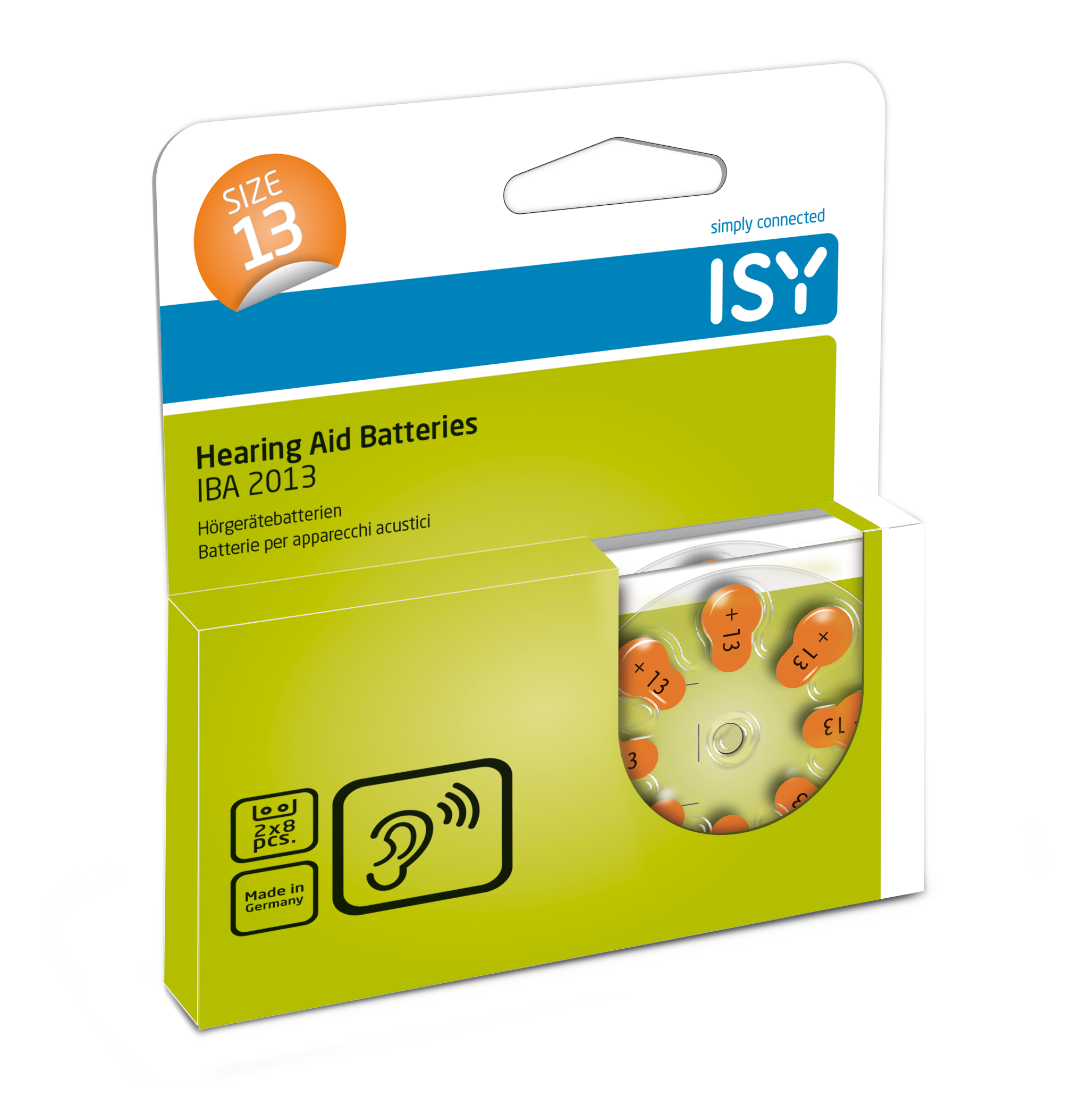 Packung Hörgerätebatterien in einer Blisterpackung, mit ISY- und Größe 13-Logo.
