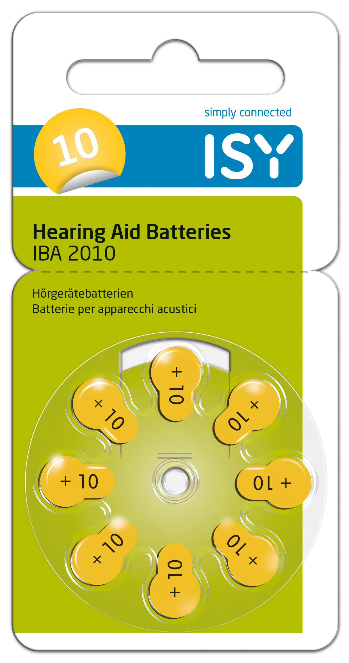 Hörgerätebatterien in einer Verpackung. Gelbe Batterien mit Zahlen und Pluszeichen.
