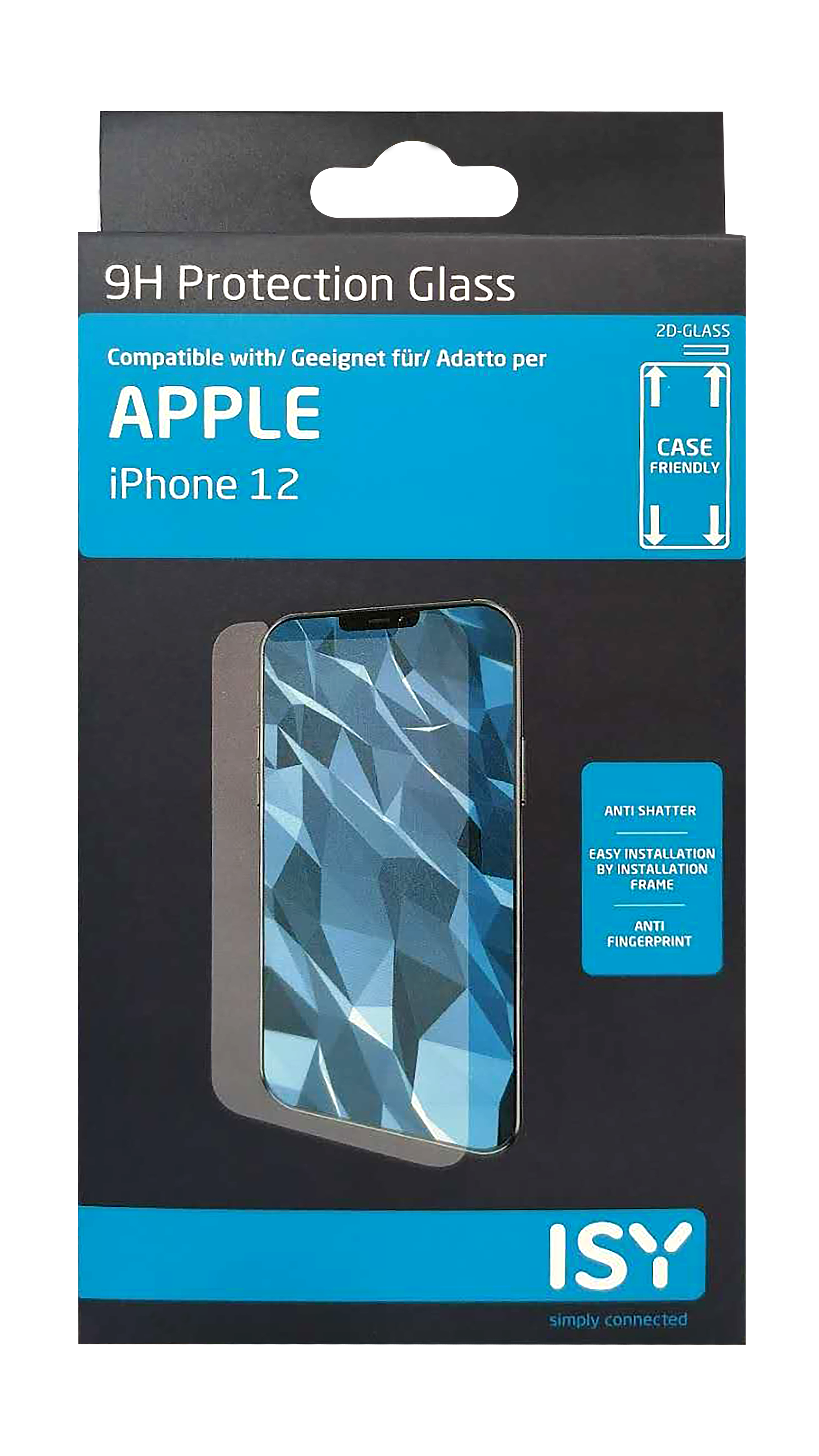 Box mit Displayschutzfolie, schwarzer Hintergrund, Text 'iPhone 12'.