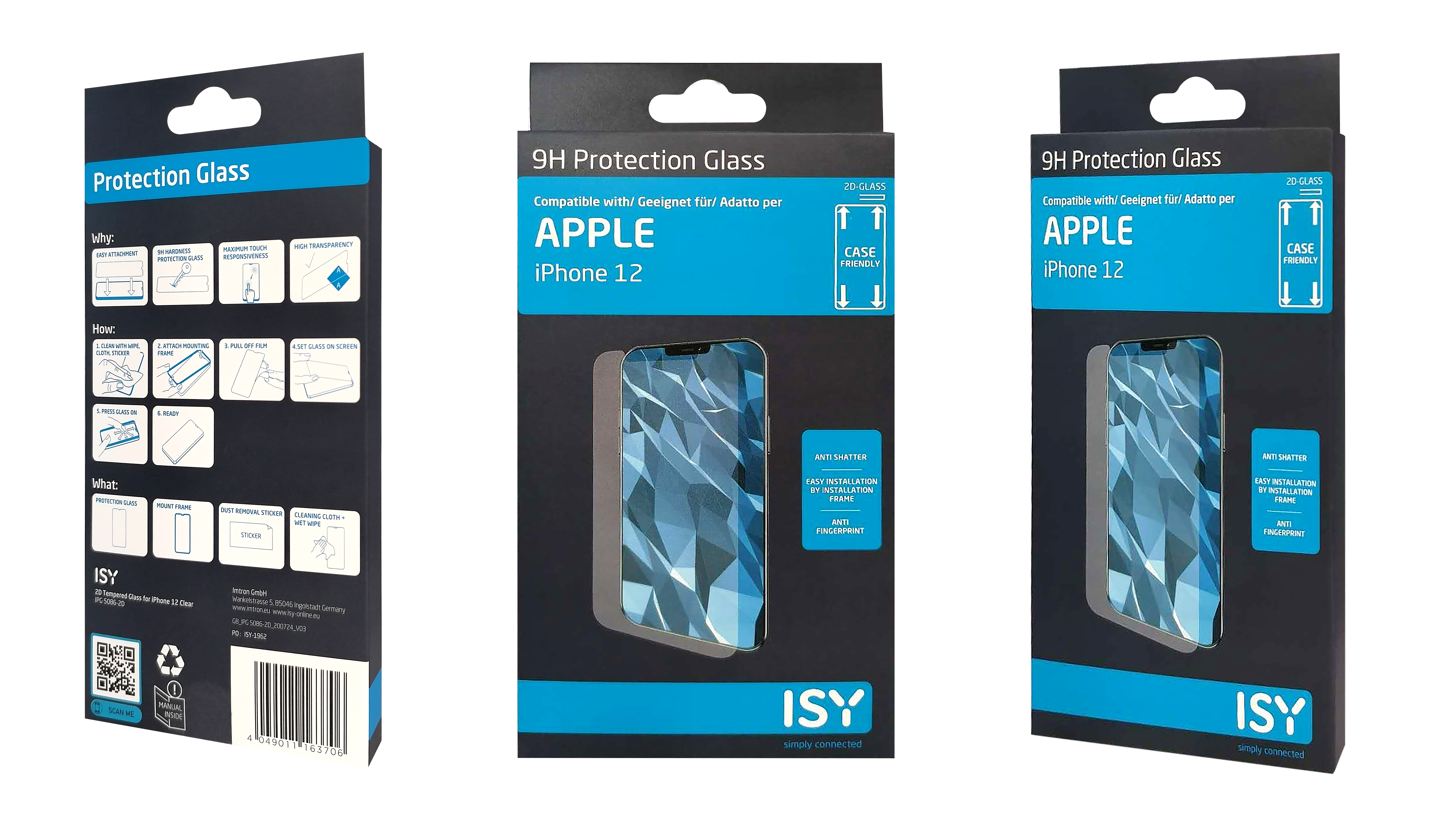 Drei Schachteln für iPhone 12, mit dem Telefonbild, der Marke ISY. Weißer Hintergrund.