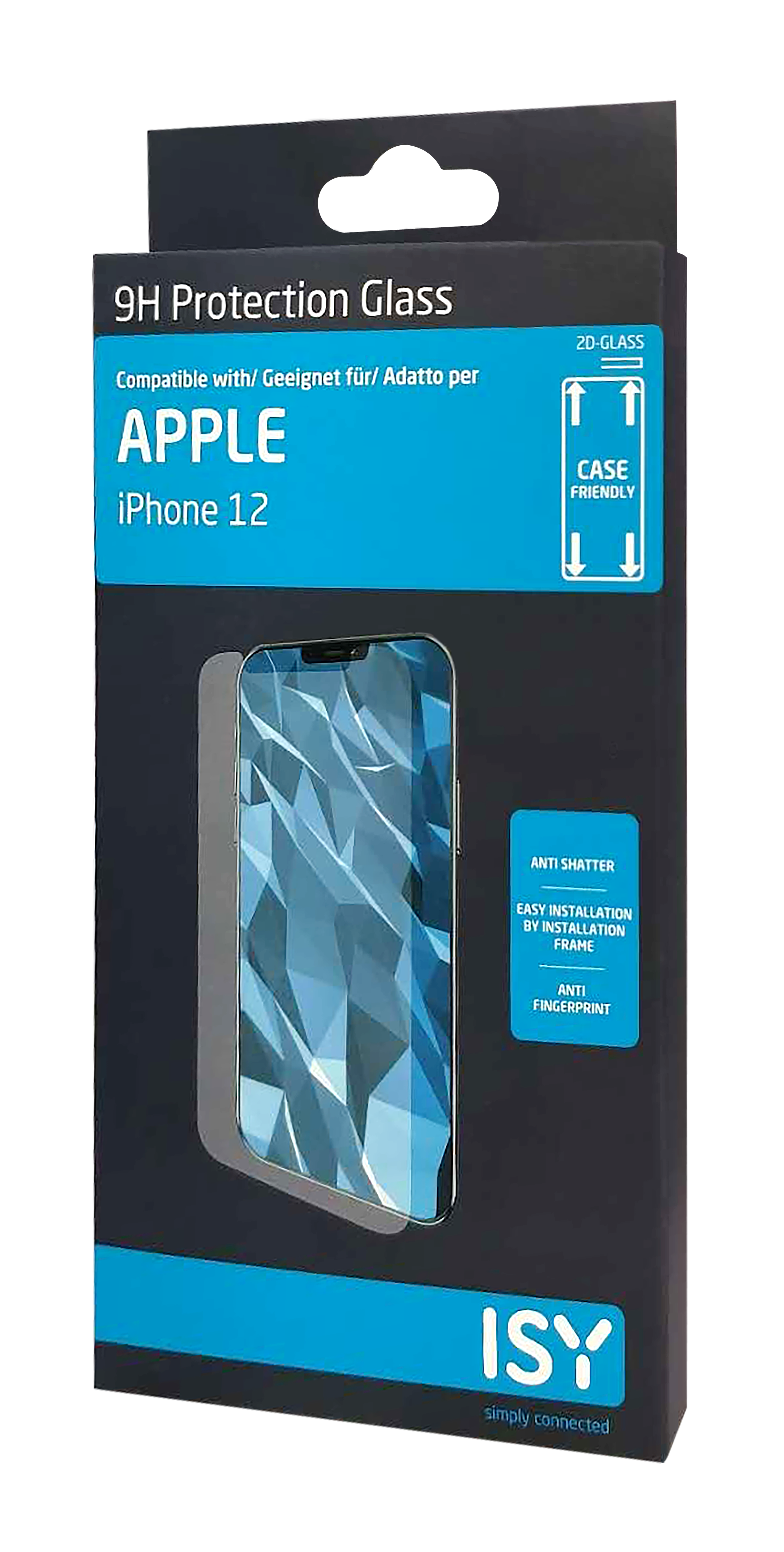 Verpackung für iPhone 12 Displayschutzfolie: schwarze Box mit Telefonbild und Text über Schutzfunktionen.