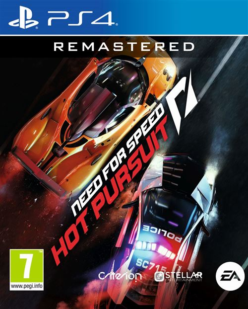 Couverture du jeu PS4 de Need For Speed Hot Pursuit Remastered, deux voitures en course, avec un arrière-plan urbain.