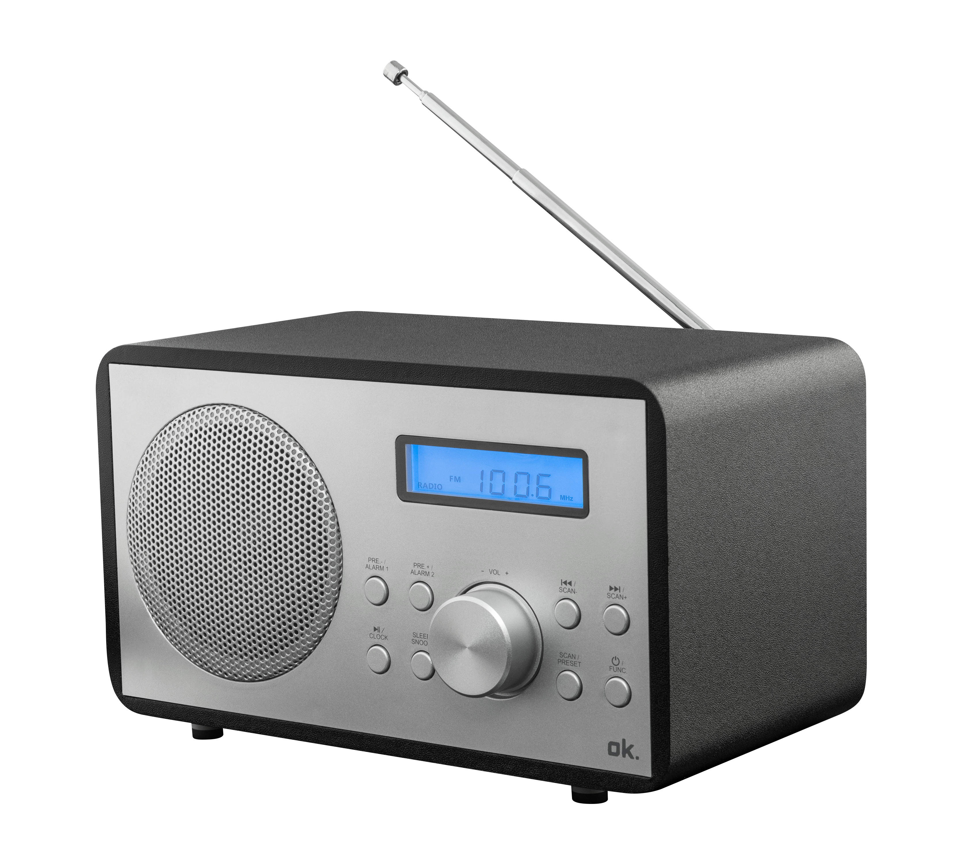 Silber-schwarzes Radio mit blauem Display. Schwarzer Hintergrund, Antenne ausgefahren.