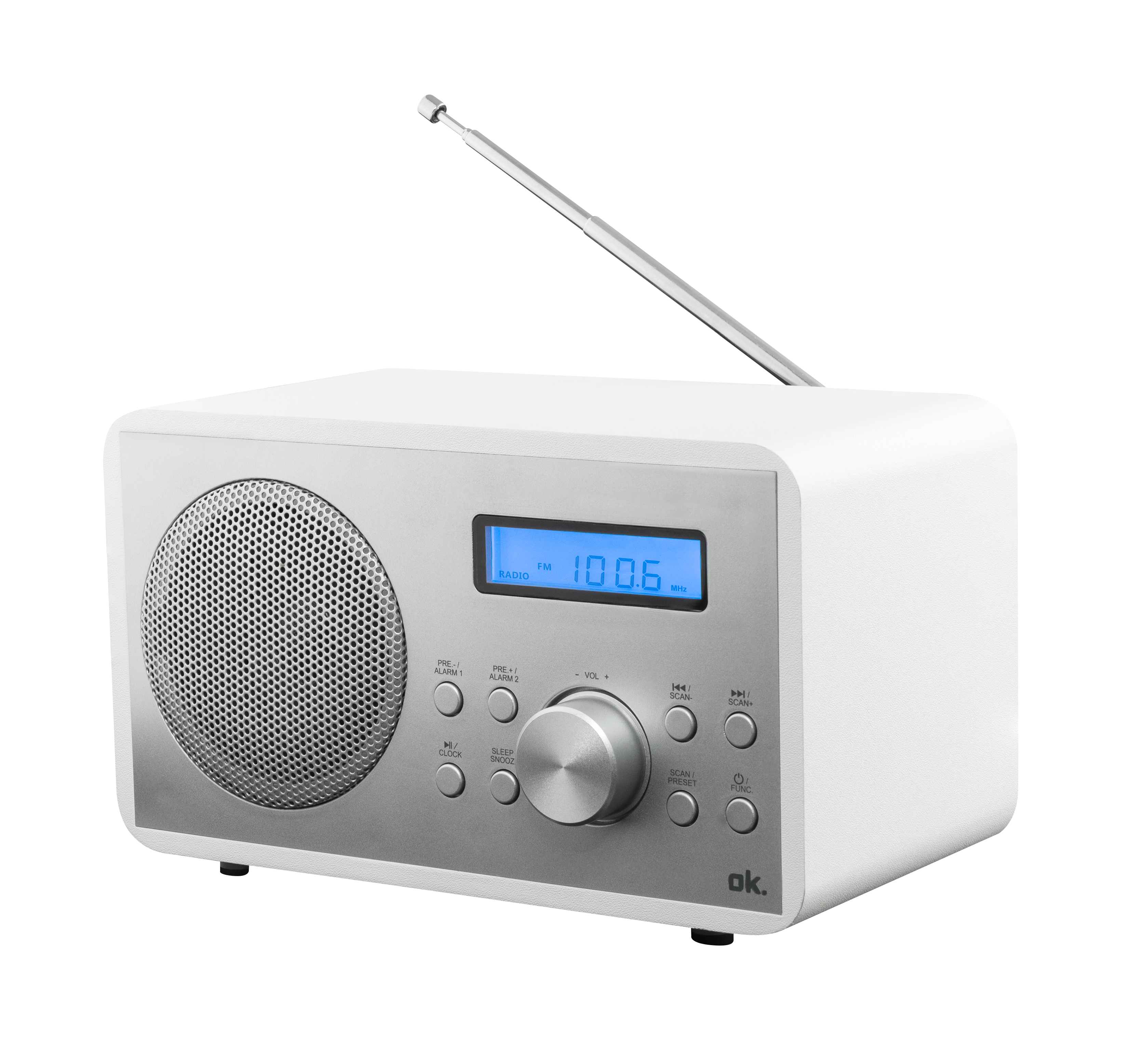 Weißes und silbernes Radio mit digitaler Anzeige. Es hat einen Metalllautsprecher und Knöpfe.
