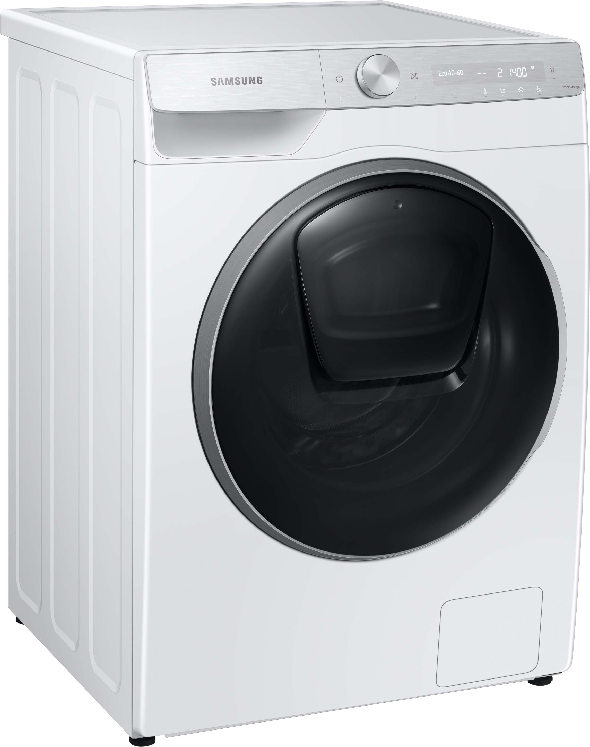 Weiße Samsung Waschmaschine mit großer schwarzer Tür, schräge Ansicht.