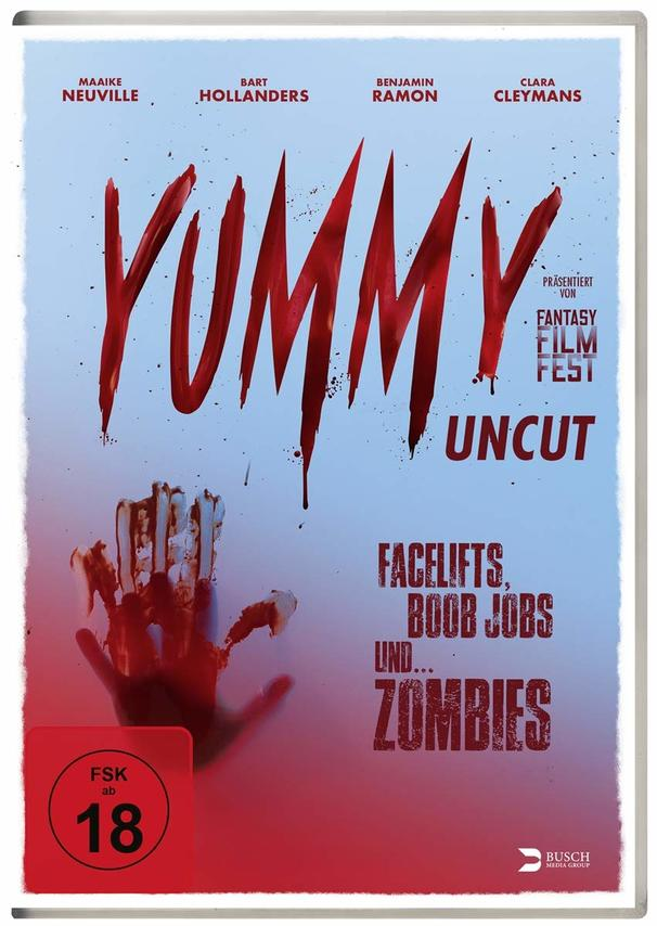 DVD-Cover von YUMMY UNCUT. Hand mit Blutfleck. Text auf Deutsch: Facelifts, Boob Jobs und Zombies.