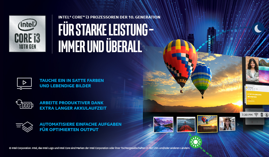 Intel Core i3-Anzeige mit Heißluftballons über Sonnenuntergang und Text.