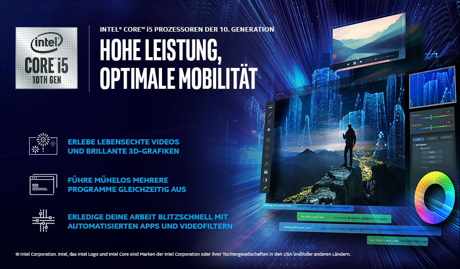Intel-Laptop-Werbung mit Stadtbild, Video-Schnittstelle und Text über Leistung und Mobilität.