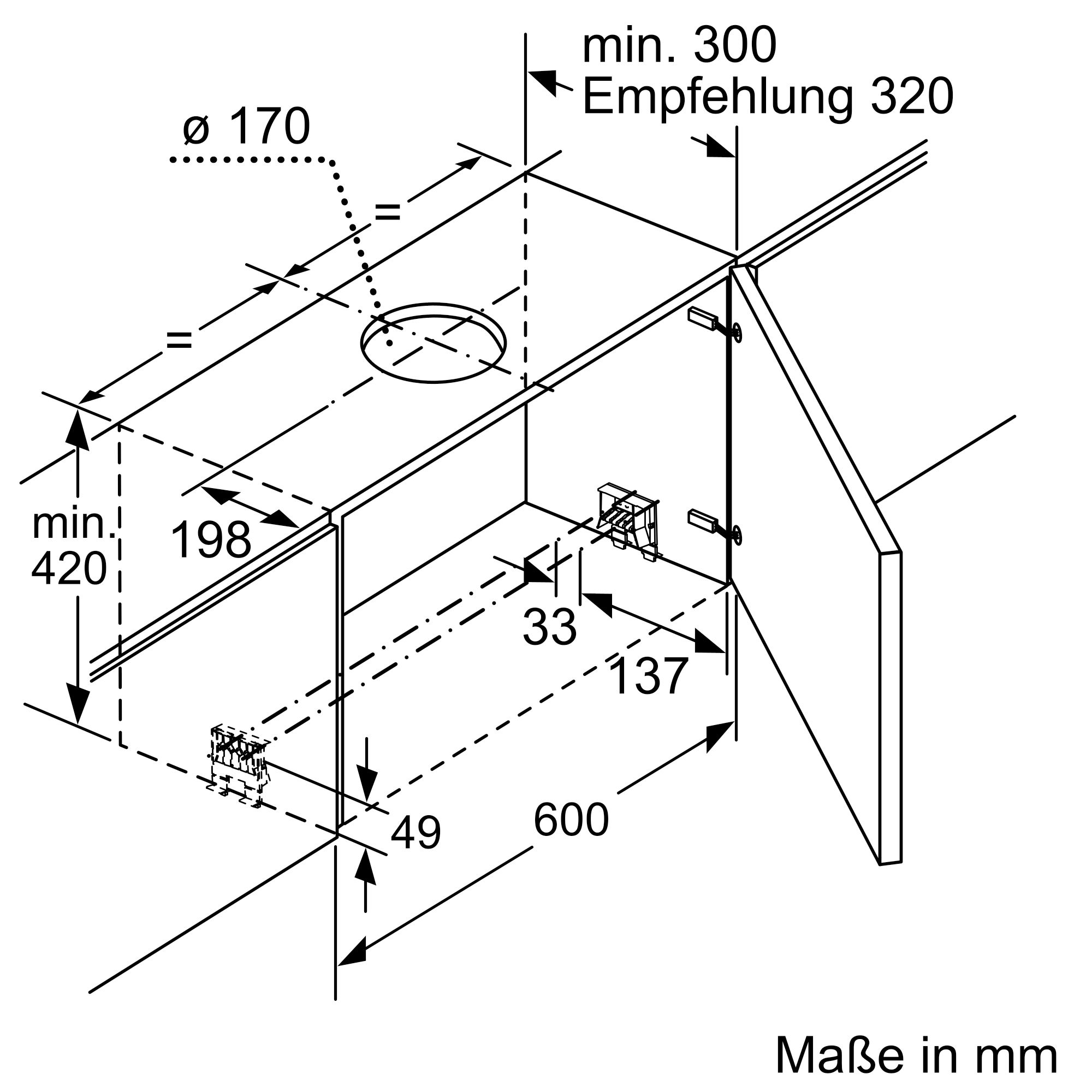 Architektonische Zeichnung mit Abmessungen und Maßen in mm. Weißer Hintergrund.