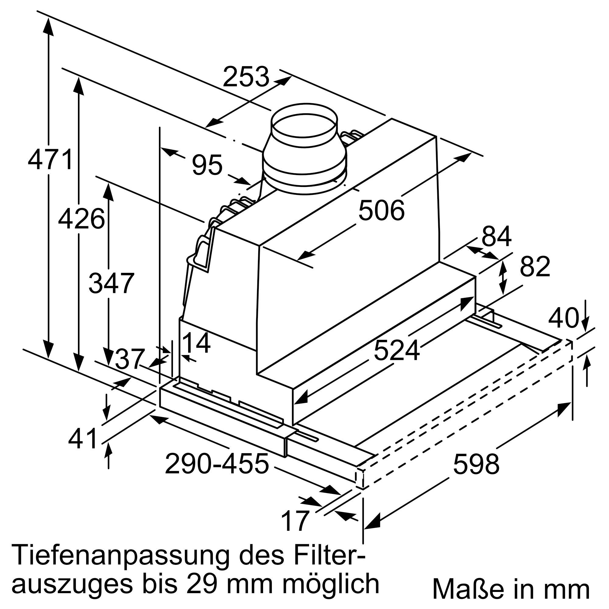 Diagramm einer Dunstabzugshaube mit Abmessungen in mm.
