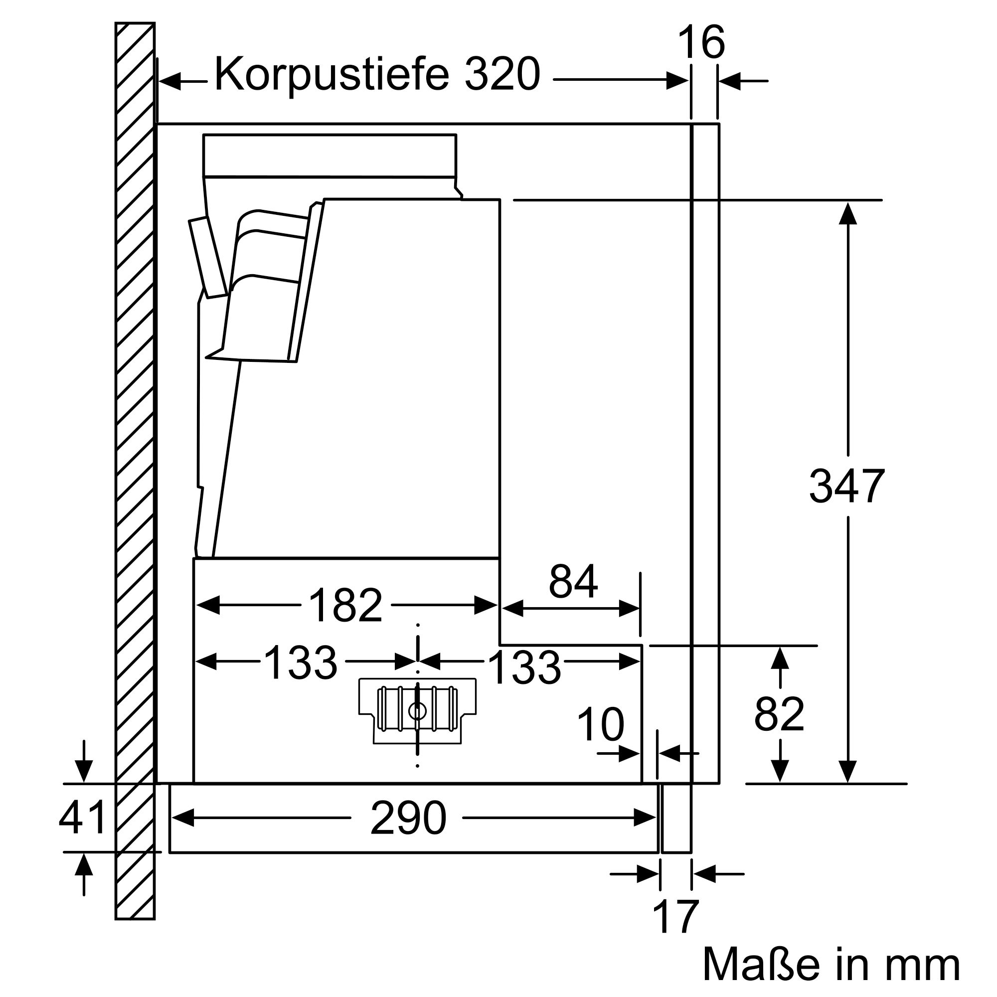 Diagramm eines Einbaukühlschranks mit Abmessungen und Maßen in Millimetern.