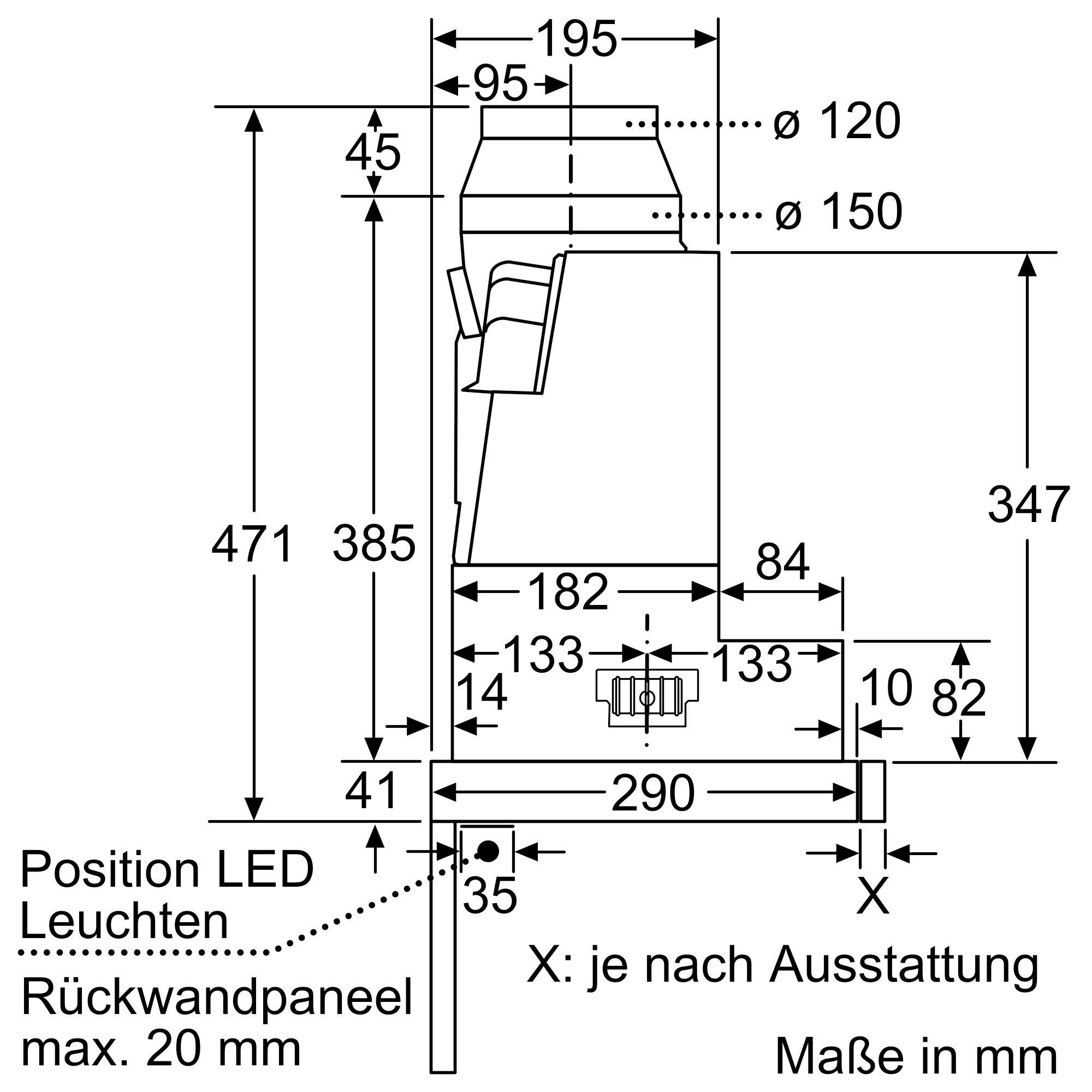 Technische Zeichnung eines Kühlschranks mit Abmessungen.