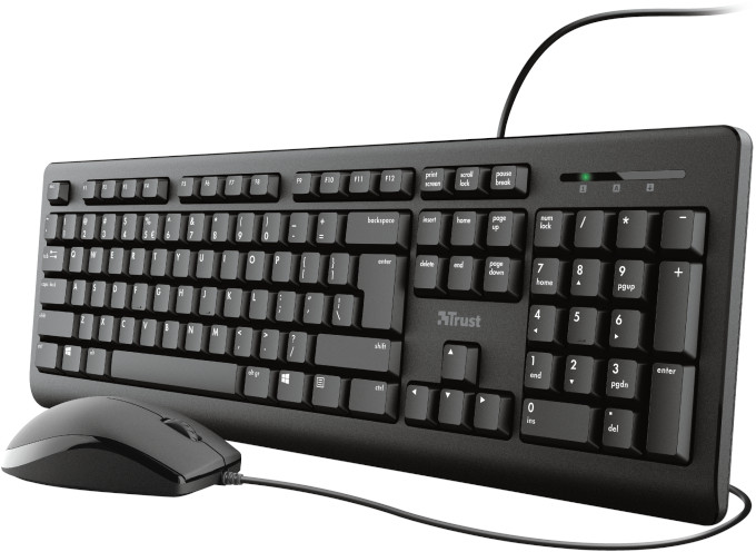 A black computer keyboard and mouse connected with a cable.