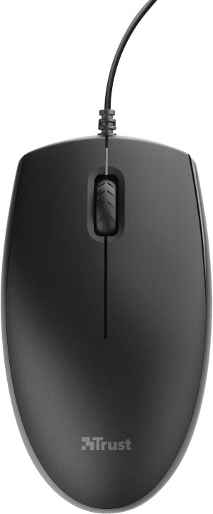 A black Trust computer mouse with a scroll wheel and a cord, with a Trust logo.