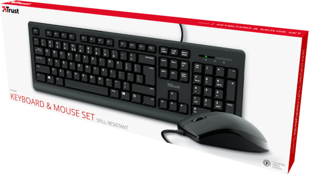 A black keyboard and mouse set in its packaging. The keyboard is full-sized, and the mouse is black.