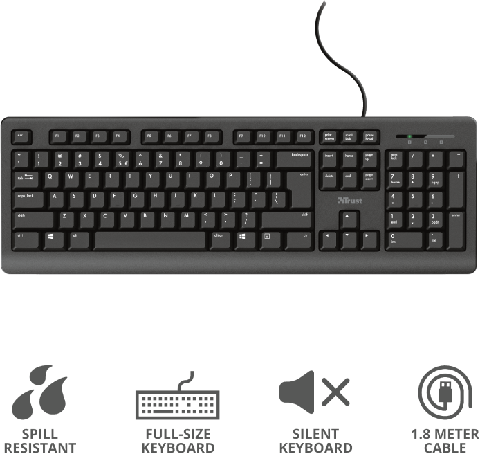 Un clavier noir avec des touches et des symboles. Ci-dessous, des icônes pour résistant aux éclaboussures, clavier pleine taille, etc.