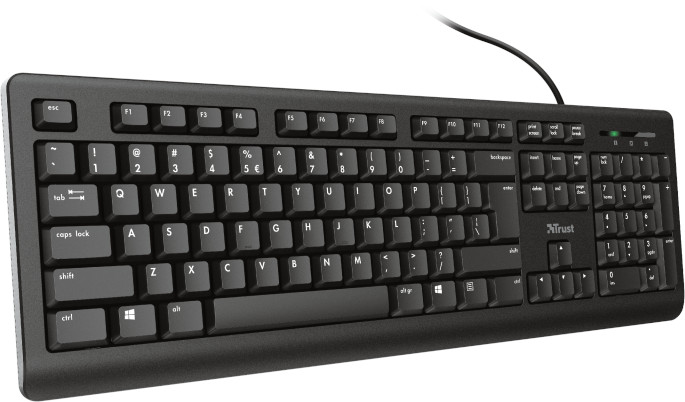 Clavier d'ordinateur noir avec touches blanches et texte blanc. Le clavier a un logo Trust et des touches de fonction.
