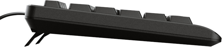Un clavier noir, une vue de profil, avec une légère inclinaison et deux pieds de support.