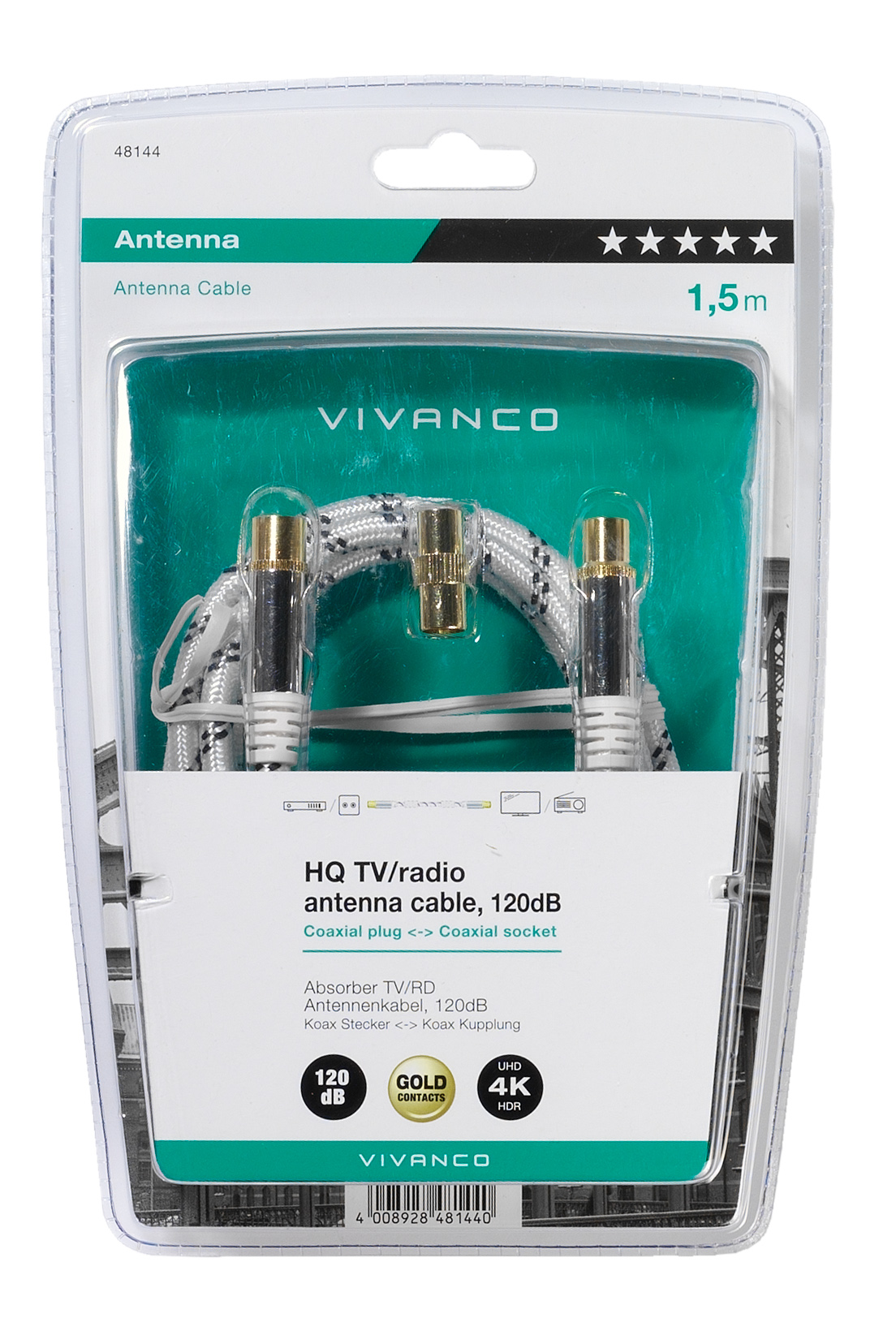 Antennenkabel in einer transparenten Verpackung auf weißem Hintergrund.