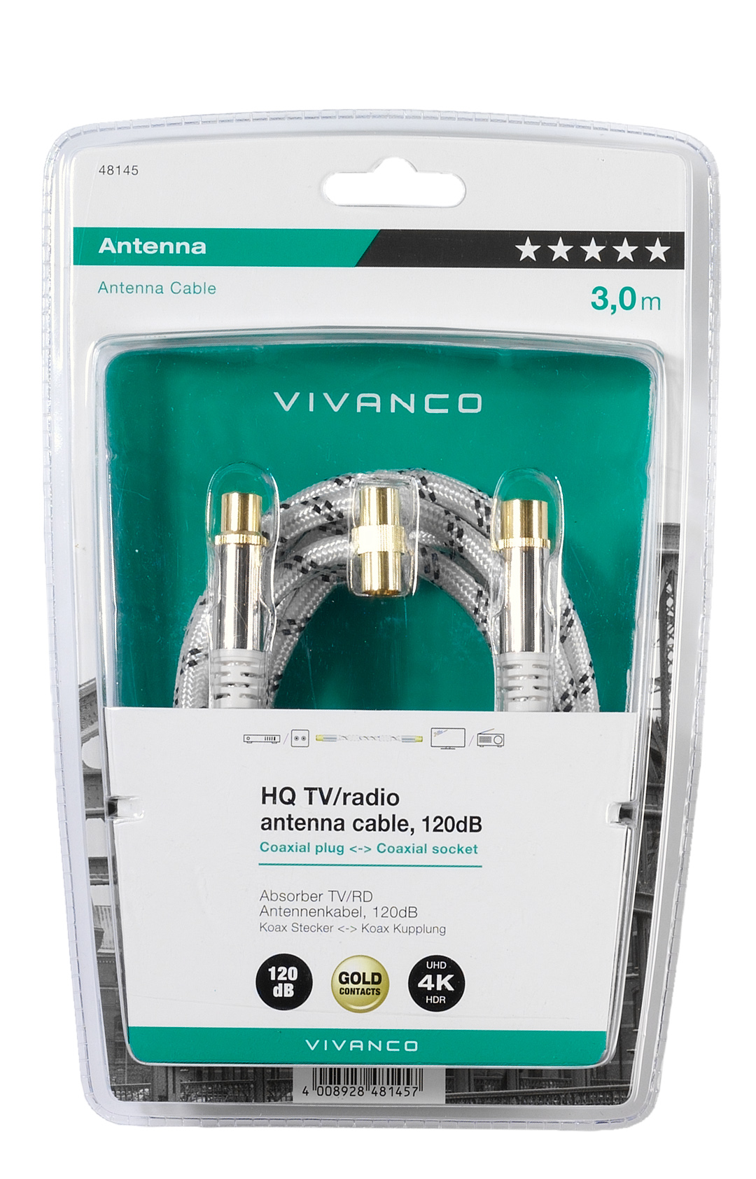 Vivanco 3,0 m Antennenkabel-Verpackung mit Goldkontakten und 4K HDR-Unterstützung.
