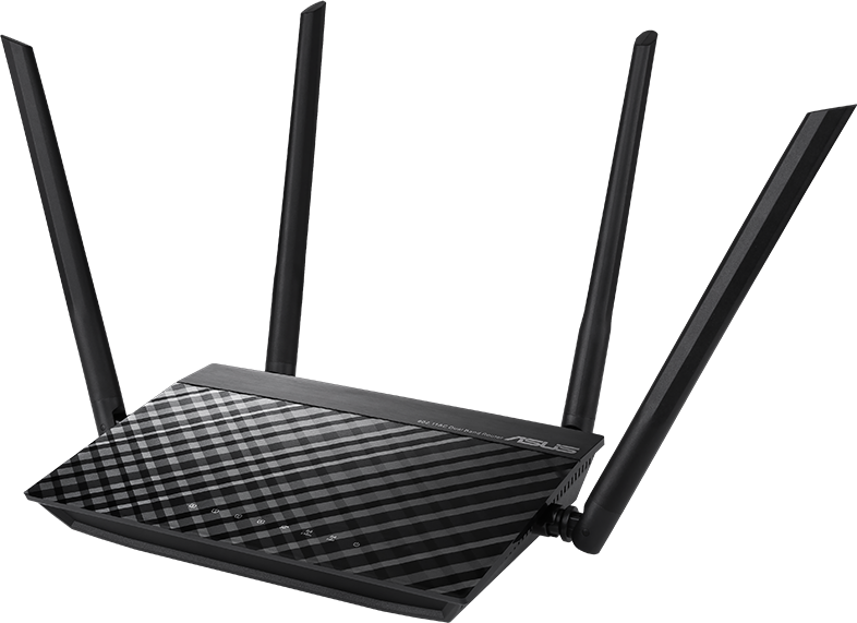 Fekete ASUS router antennákkal, szögben, fekete háttér előtt.