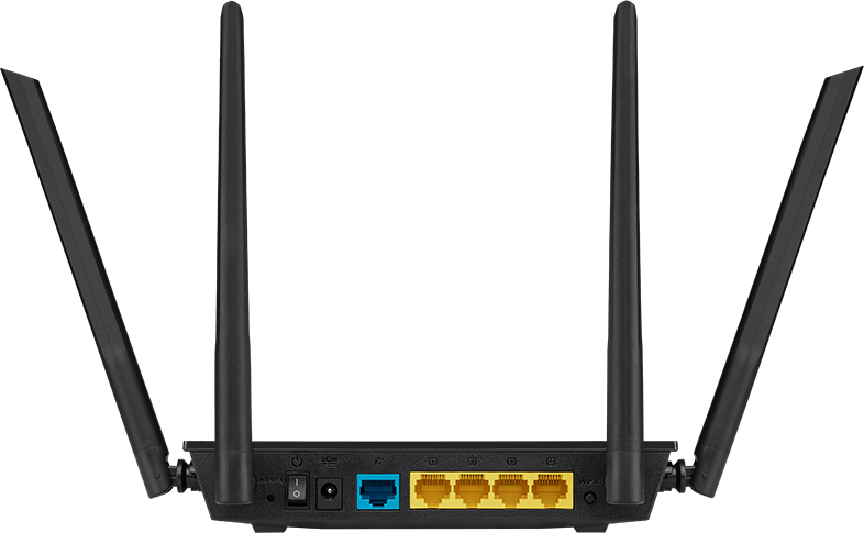 Fekete router hátulja antennákkal. Négy sárga és egy kék port látható.