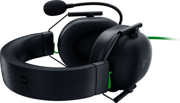 Schwarzes Razer Gaming-Headset mit Mikrofon, das Ohrmuscheln und Kopfbügel zeigt.