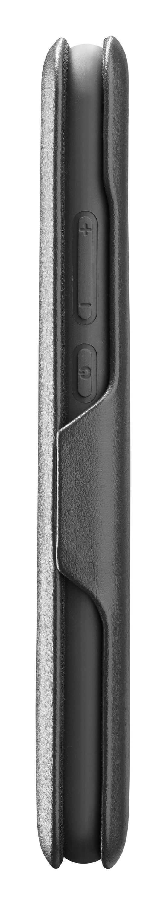 Vista lateral de una funda de teléfono negra con botones de volumen.