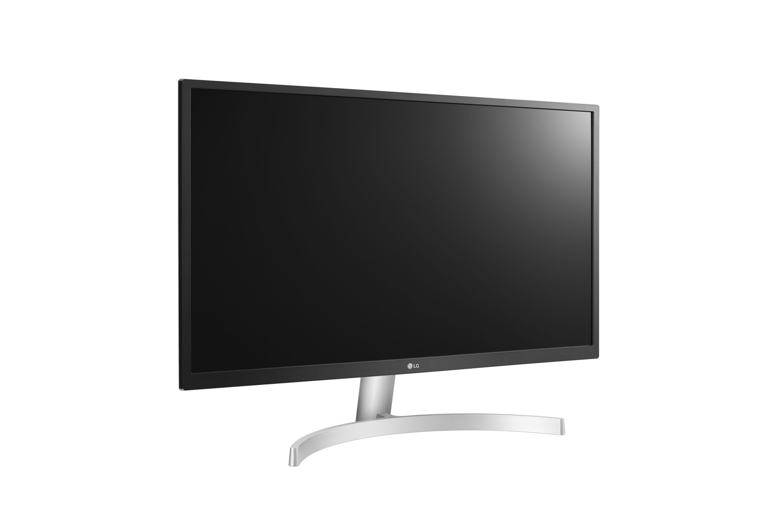 Un monitor LG plateado con base curva y pantalla negra, aislado sobre blanco.