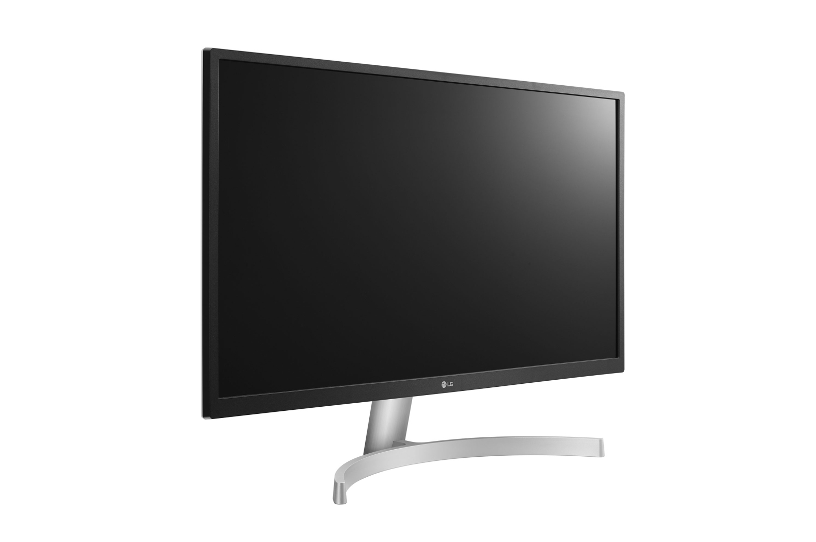 Un monitor de computadora con pantalla negra, soporte plateado y fondo blanco.