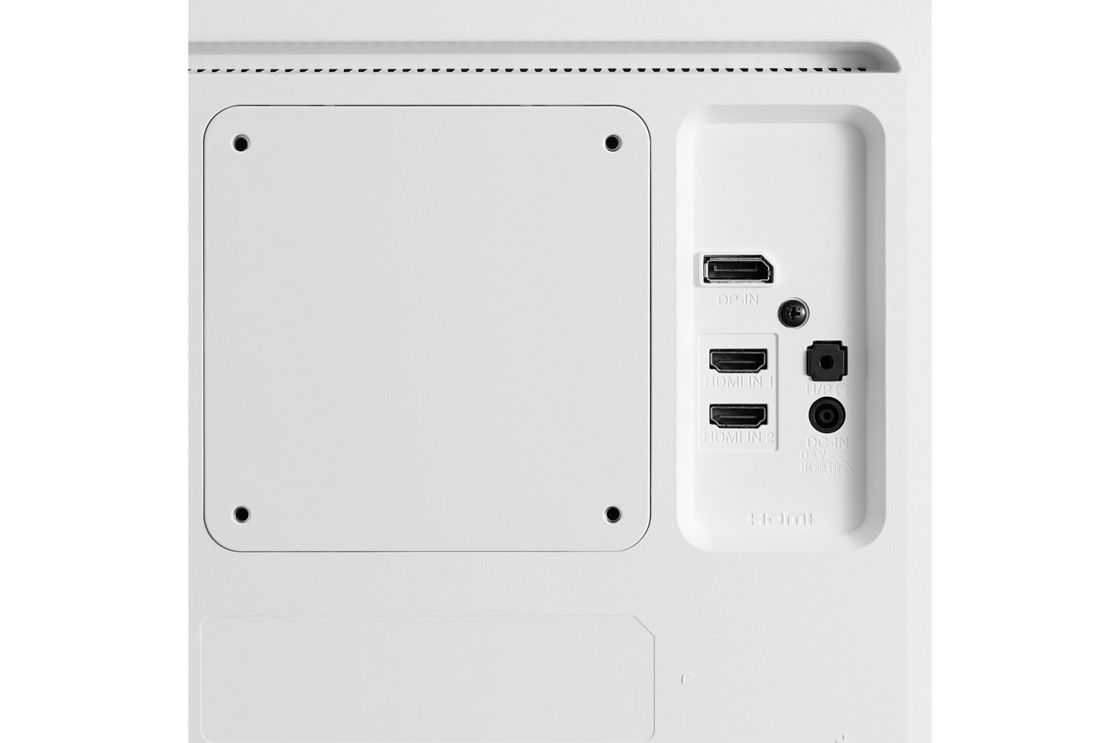 Panel trasero blanco con puertos. DP, HDMI, USB y un puerto de alimentación visibles. Cuatro tornillos sujetan el panel.