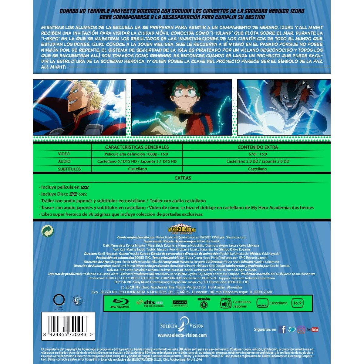 Contraportada de un DVD. Texto en japonés y español. Personajes de anime. Logo Blu-ray. Título 'My Hero Academia'.