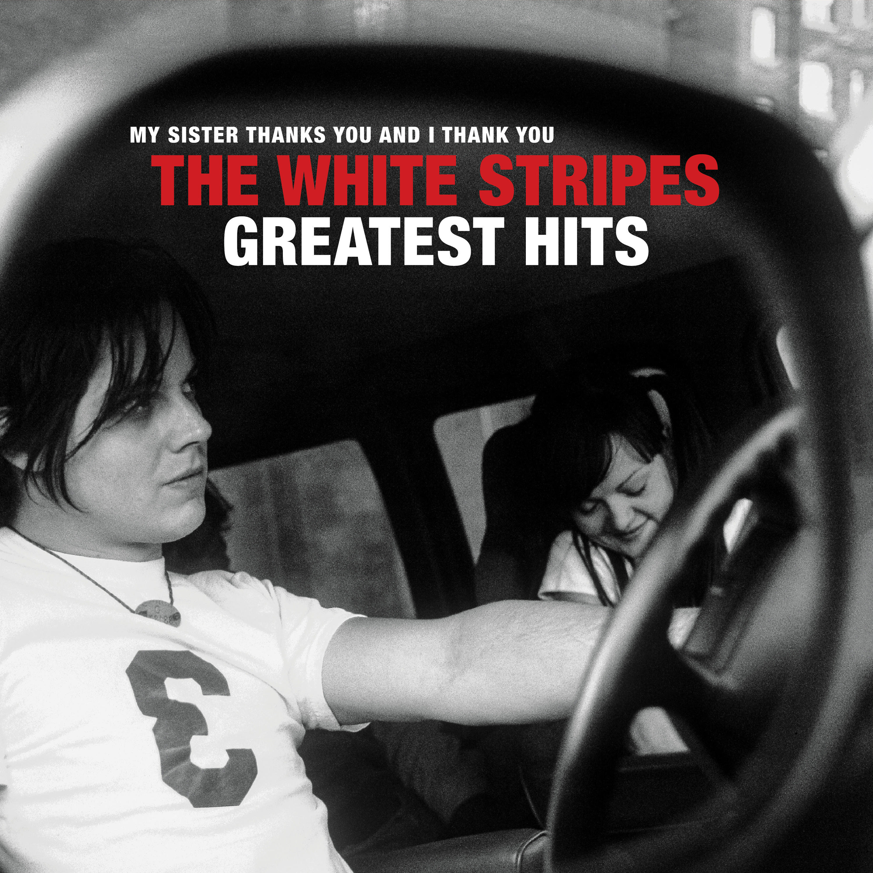 Albumcover: Zwei Männer im Auto, Titel: The White Stripes, Greatest Hits.