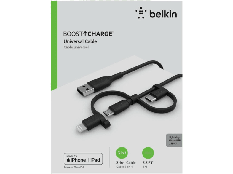 Belkin Cable Boost Charge Usb A Vers Lightning Usb C Microusb 1m Noir Cac001bt1mbk