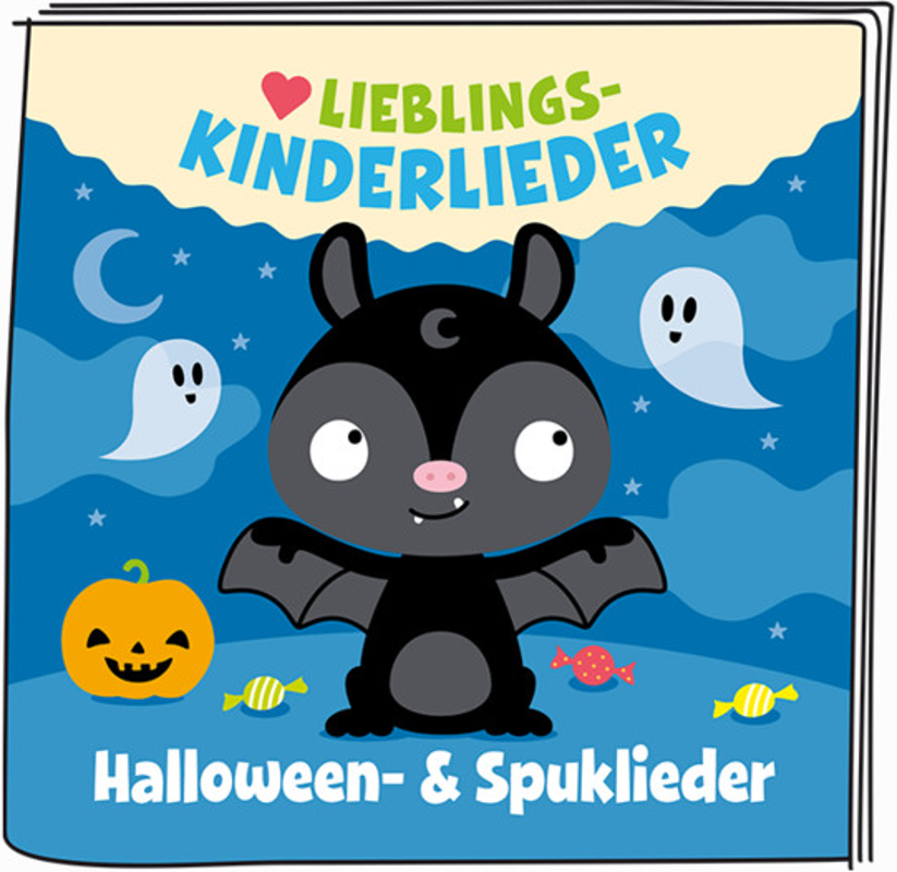 Ein Cartoon-Buchcover mit einer Fledermaus, Geistern und einem Kürbis.