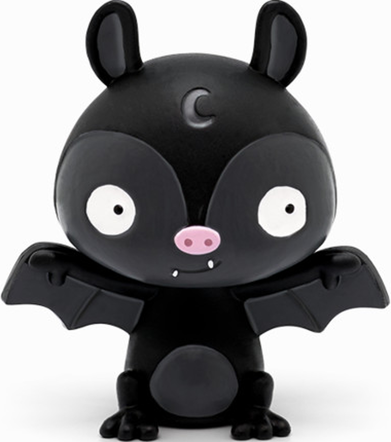 Eine Cartoon-Fledermaus mit einem Halbmond auf dem Kopf. Sie hat große Augen und ist schwarz.