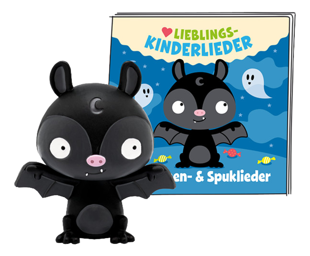 Schwarze Cartoon-Fledermaus mit Mond auf dem Kopf. Ein Kinderbuch im Hintergrund, mit Geistern.