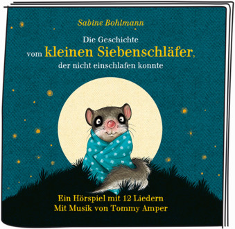 Ein Kinderbuchcover. Eine Cartoon-Haselmaus ist in eine Decke gehüllt, auf einem Sternenhimmel.