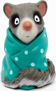 Spielzeugmaus in türkisfarbener Decke mit weißen Punkten. Die Maus hat eine schwarze Maske.