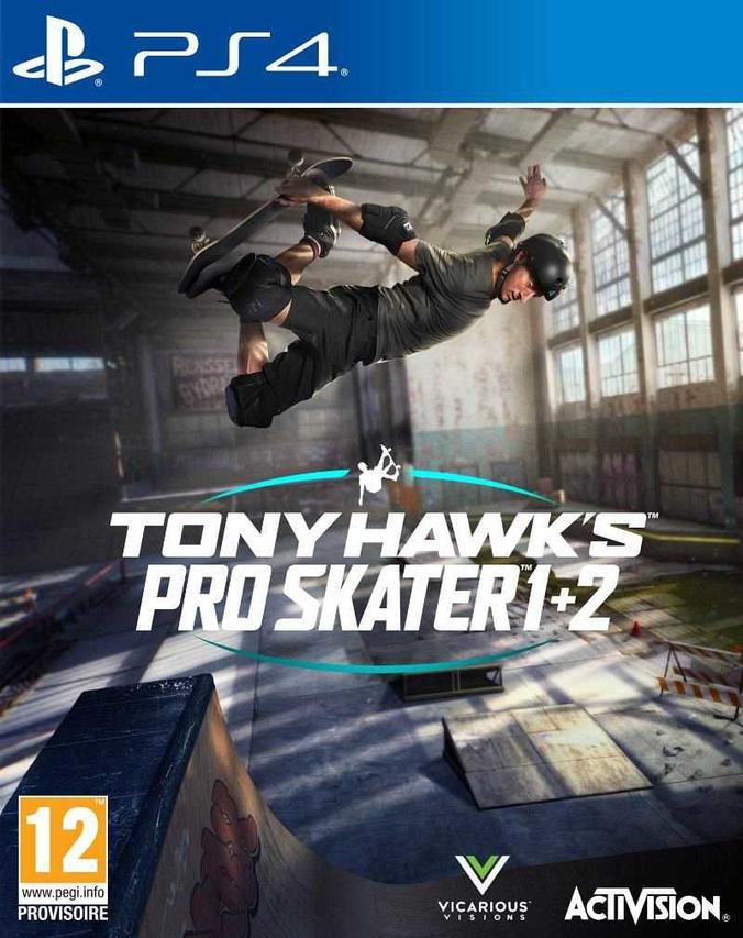 Video game cover. Een skateboarder in de lucht. Titel: 'Tony Hawk's Pro Skater 1+2'.