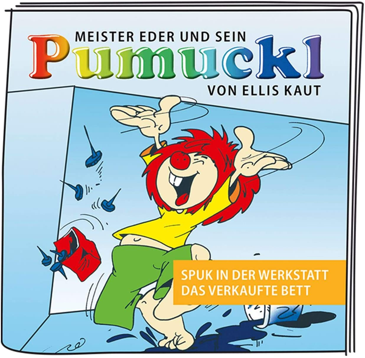 Pumuckl-Cartoon-Buchcover. Zeigt die Cartoonfigur Pumuckl in einer Werkstatt.