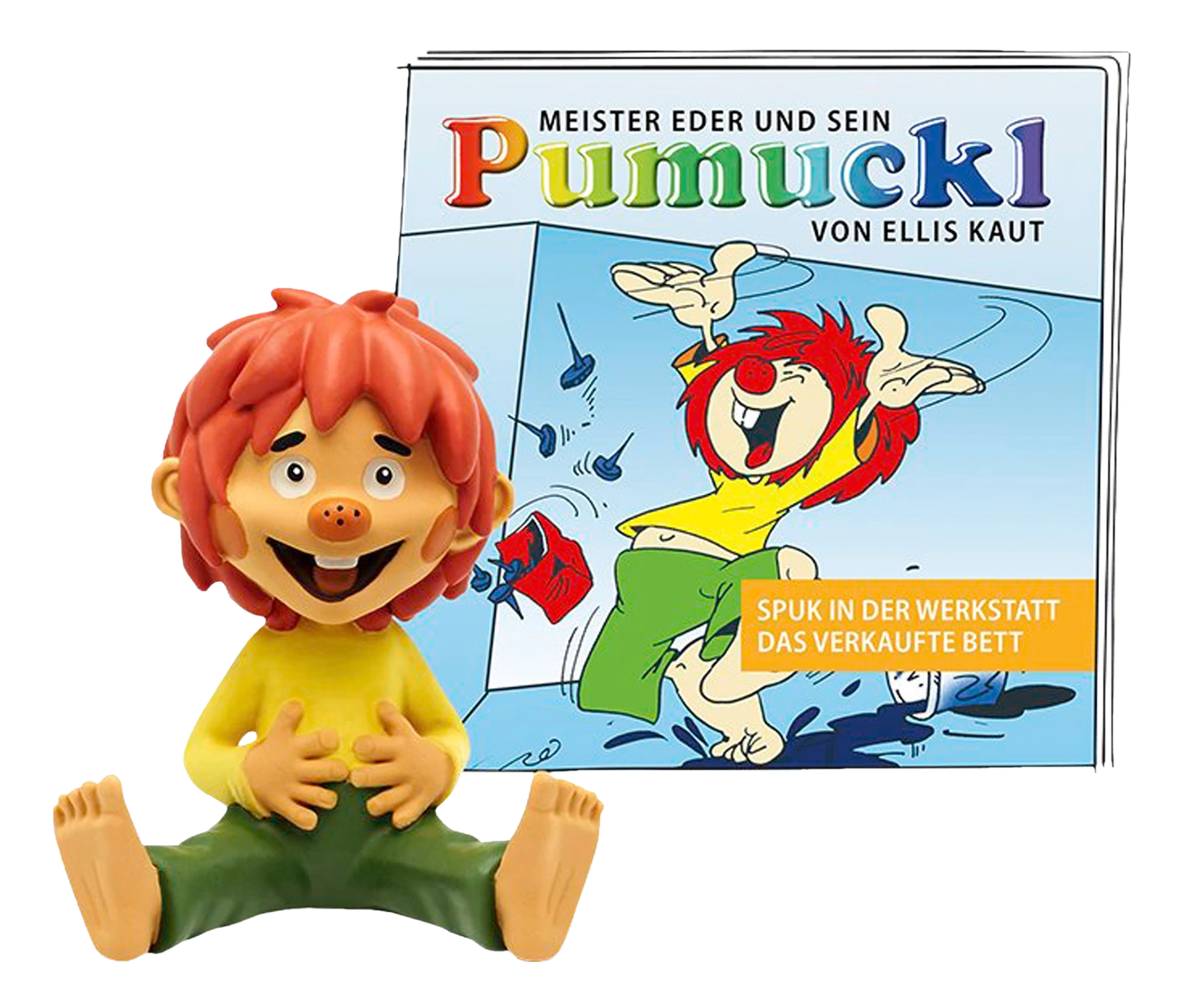 Pumuckl-Figur und Buchcover. Das Bild zeigt eine Zeichentrickfigur und Text auf Deutsch.
